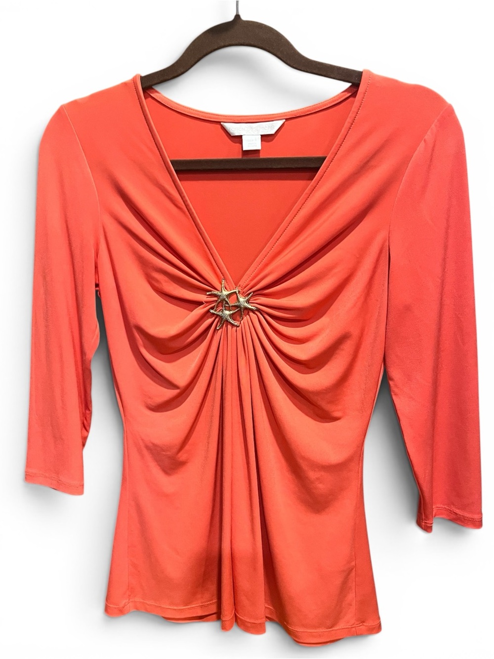 Boston Proper Coral Twist-Front V-Neck Top with Gold Star Accent